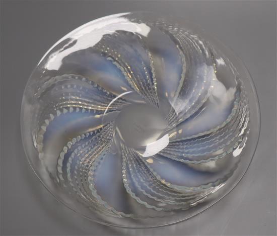 A Lalique Fleurons pattern opalescent moulded glass shallow bowl, Dia 25cm